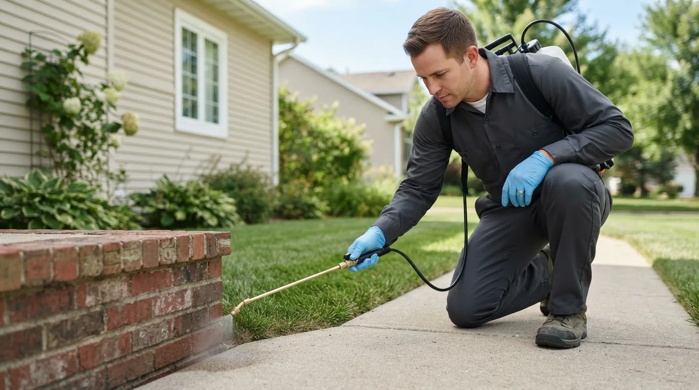 Pest control technician treating a home near Trafalgar, IN