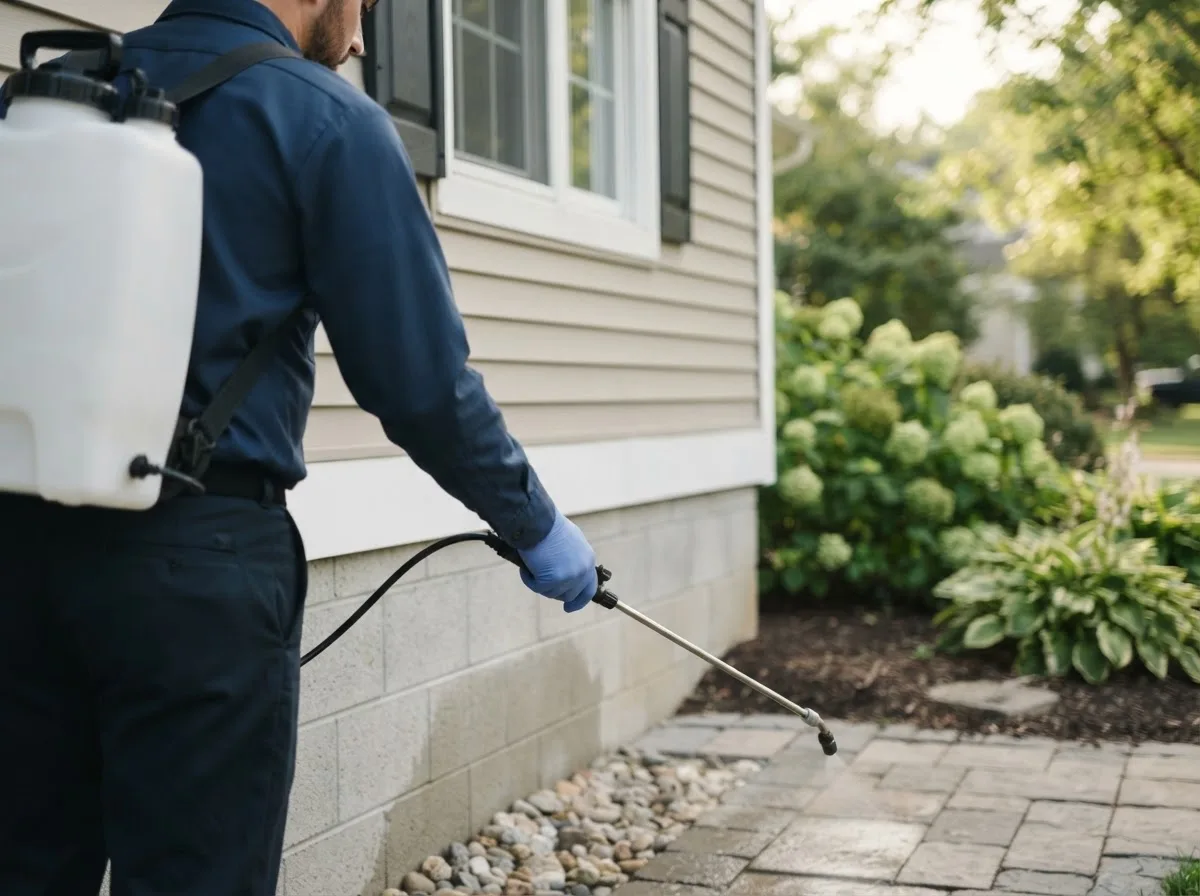 Pest control technician inspecting a home in Trafalgar, IN